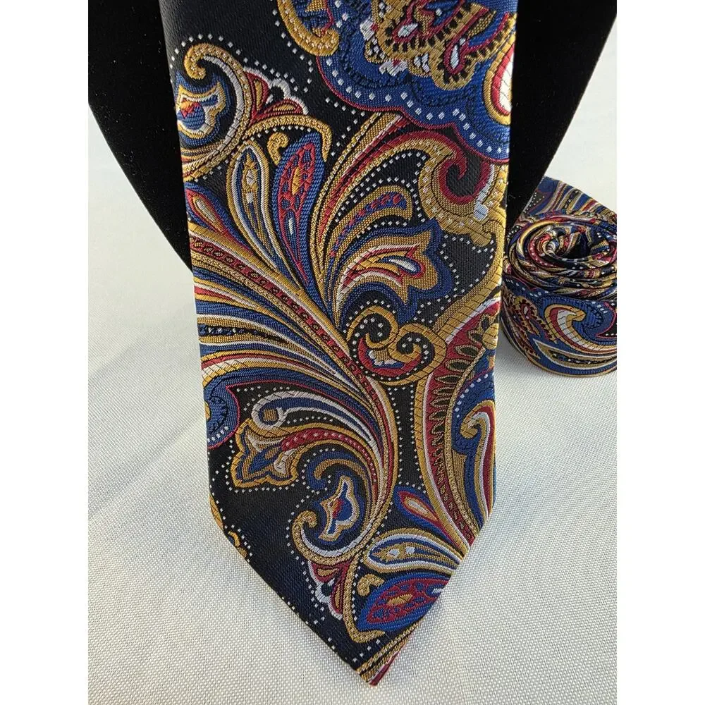 Classic Vintage Men's Tie Bright Paisley Blue Gold 100% Silk Jacquard Woven
